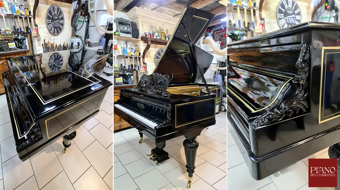Piano à queue PLEYEL 1878 double filets de laitons noir Napoléon III